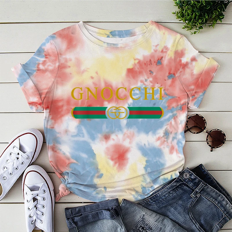 Tie Dye T-shirts Gnocchi Print Tshirts Tops for Women Hip Hop Streetwear Women Vintage Clothes Kawaii Cartoon Tshirts Camisas images - 6