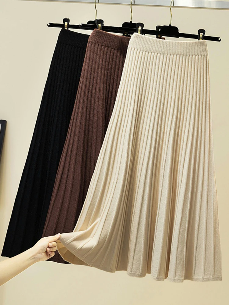 

Трикотажные юбки, Женская Осенняя плотная плиссированная длинная юбка, винтажная высокая талия, ребристая Женская Однотонная юбка, Повседневная Уличная одежда 2023
