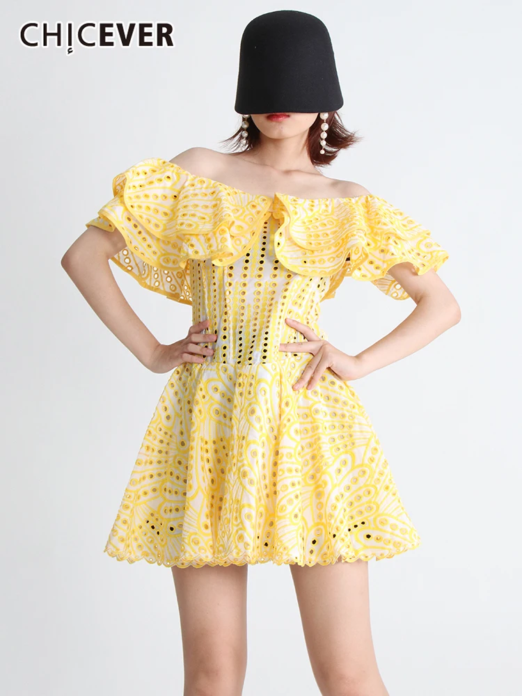 

CHICEVER Print Folds Dresses For Women Slash Neck Short Sleeve Hollow Out Chic Style Dress Female Summer Fashion Clothing 2022
