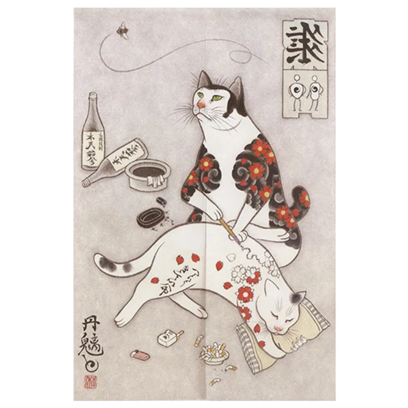 Японская дверная занавеска Ukiyo-e Cat из льна