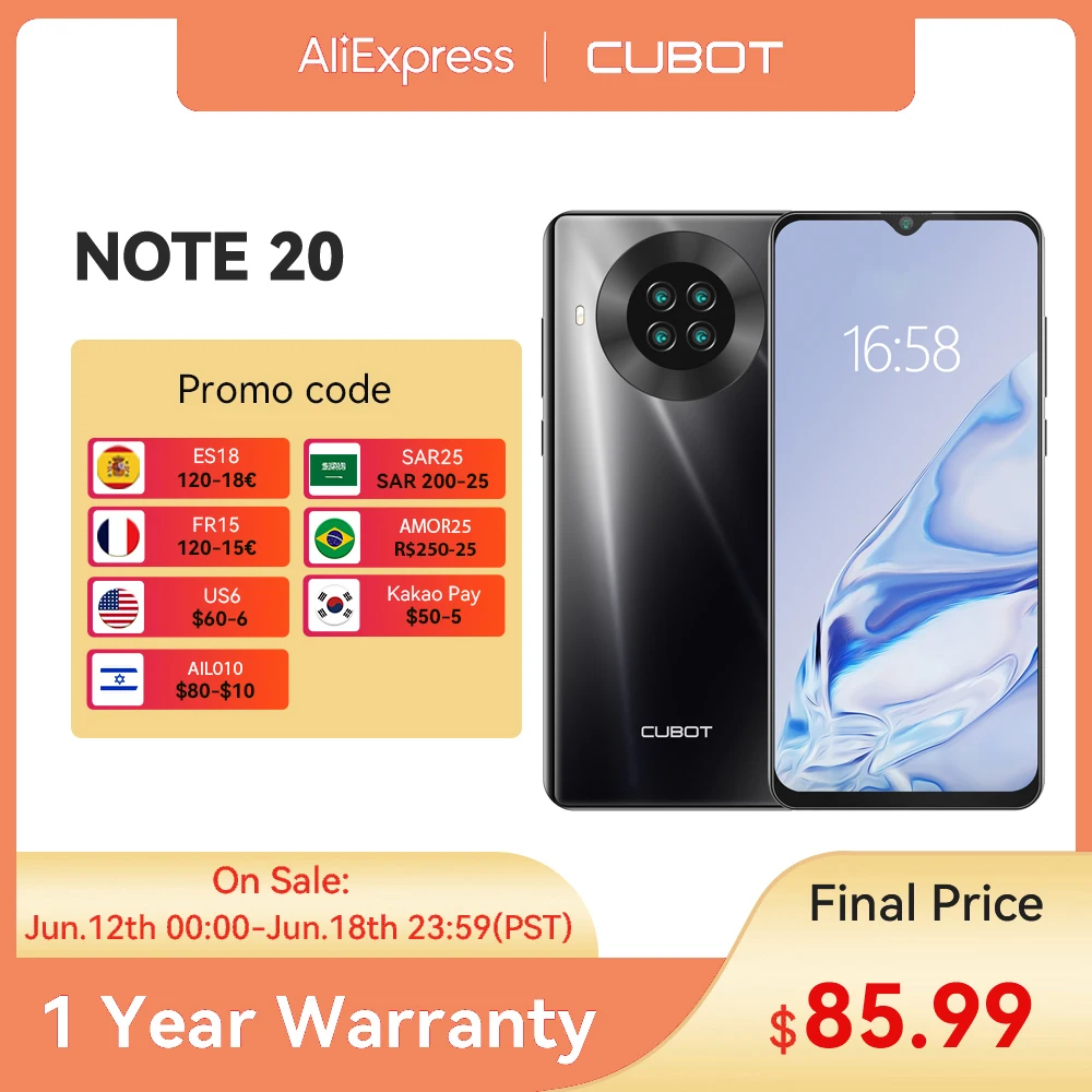 Original Cubot Note 20 NFC 3GB RAM 64GB ROM Smartphone 6.5'' HD+ Display  Android 10 Dual SIM 4G LTE Face ID