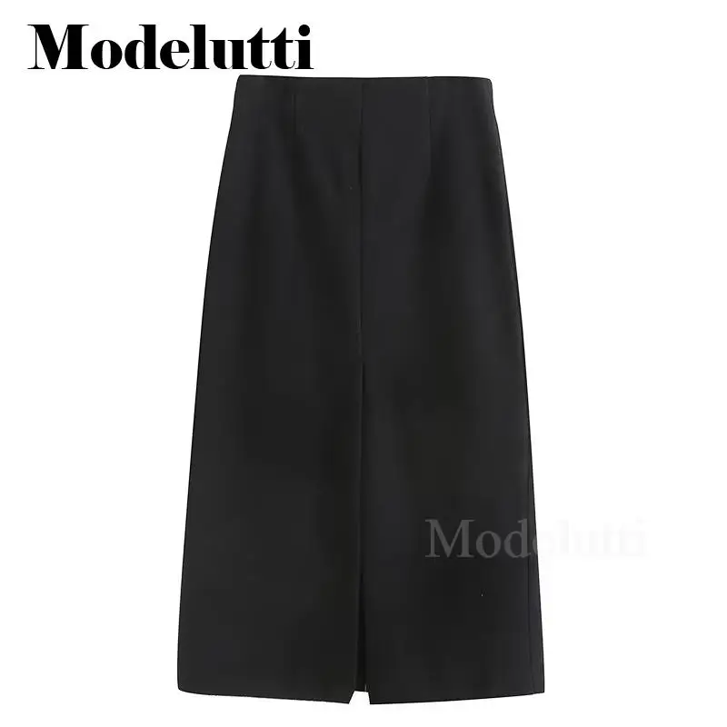 

Modelutti 2023 Autumn Winter Fashion New High Waist Elegant Tweed Skirt Slit Solid Women Simple Casual Bottoms Female Chic