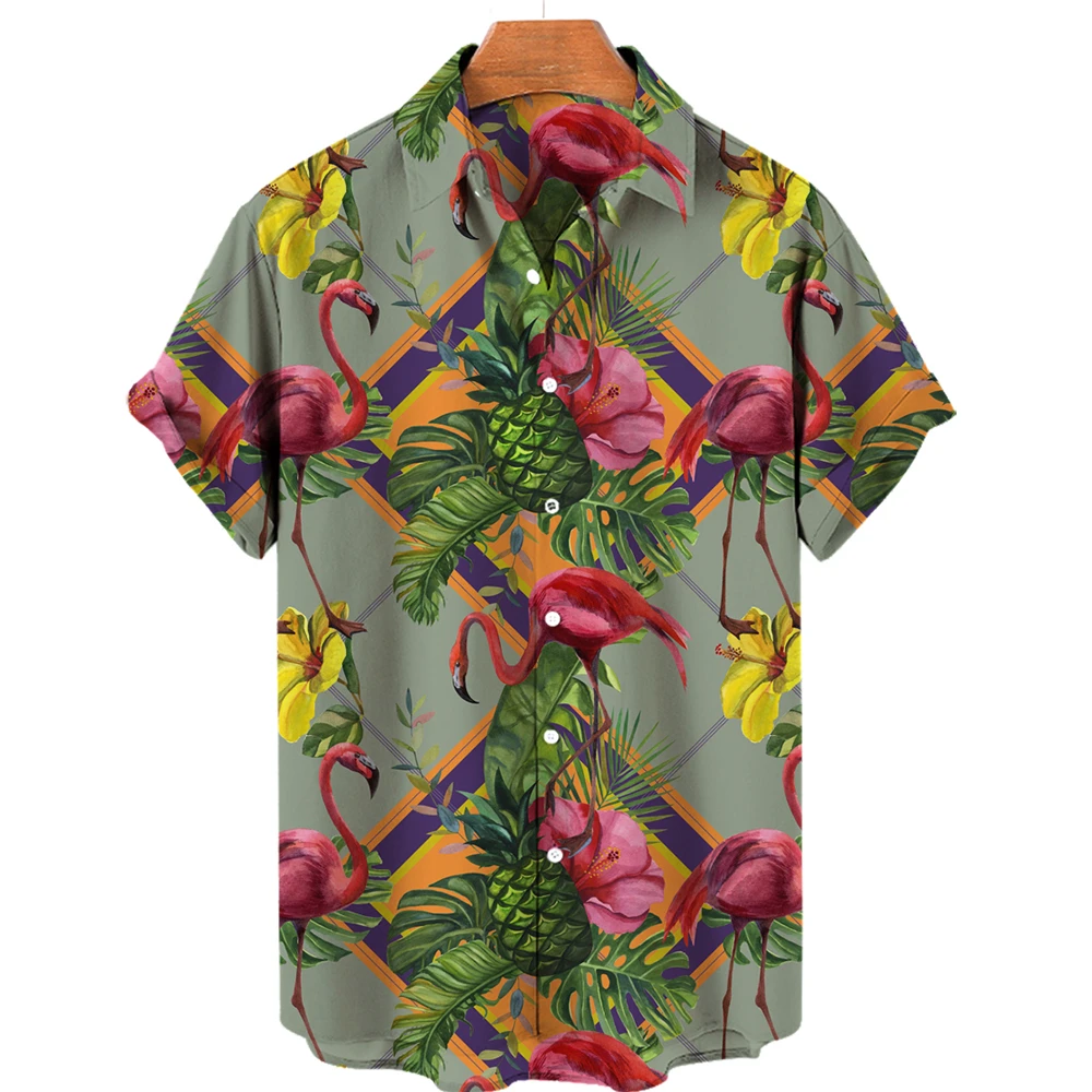 

Shirts for Men Flamingo Print Tropical V-neck Men's Shirts Hawaiian Beach Animal Tops Vacation Short Sleeves Tee Loose Clothing