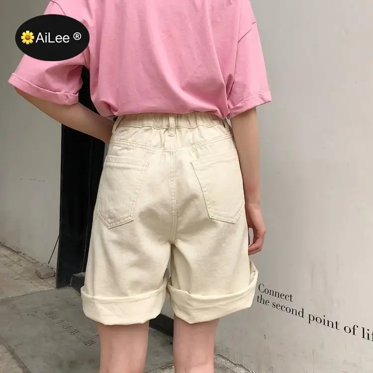 Fashion Denim Jeans Summer Women Cotton Cargo Shorts Korean High Waist Pocket Elastic Wide Leg Shorts Casual Loose Hotpants