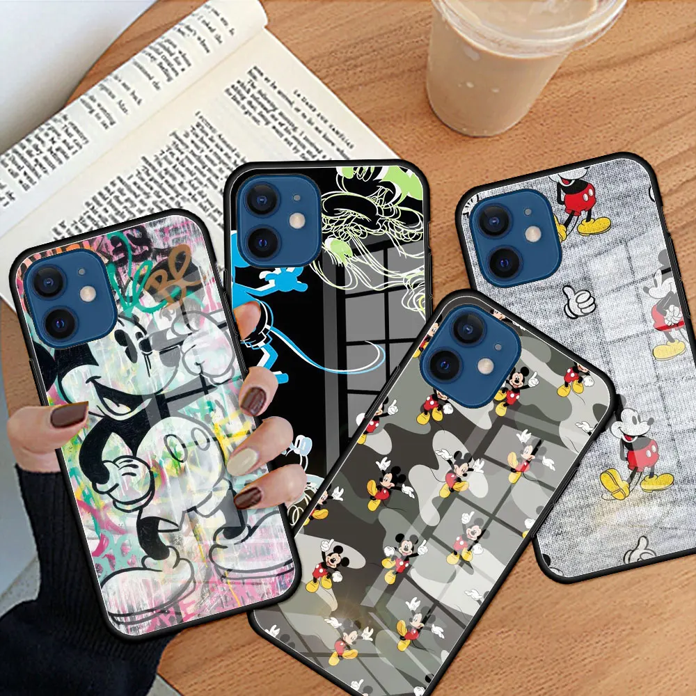 

Glass Cellphone Case for Apple iPhone 11 12 Pro 13 Mini 8 7 Plus XR X XS SE 6 6S Luxury Celular Cover Mickey And Minnie