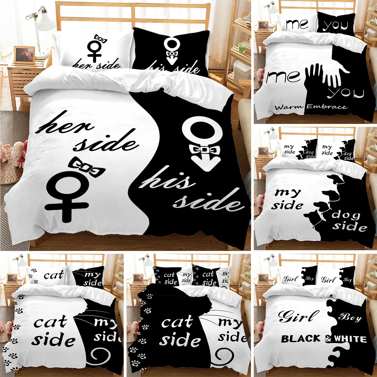 

Черно-белый комплект постельного белья с пододеяльником для пары, черно-белый комплект постельного белья с надписью «Her Side and His Side», полностью покрывало из полиэстера Queen King