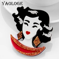 yaologe acrylic material womens brooch fashion lady with black hair red lips brooches woman new pins brooch on bag clothes