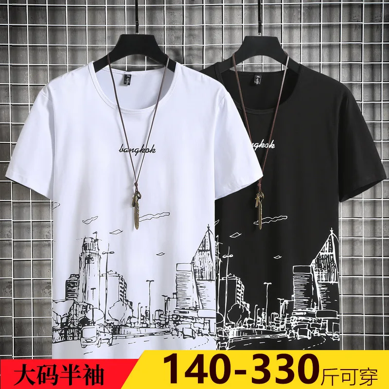 

150KG Summer Trend New Round Printed Neck Half Sleeve Men's Top Loose T-shirt Plus Size 10XL 9XL 8XL 7XL