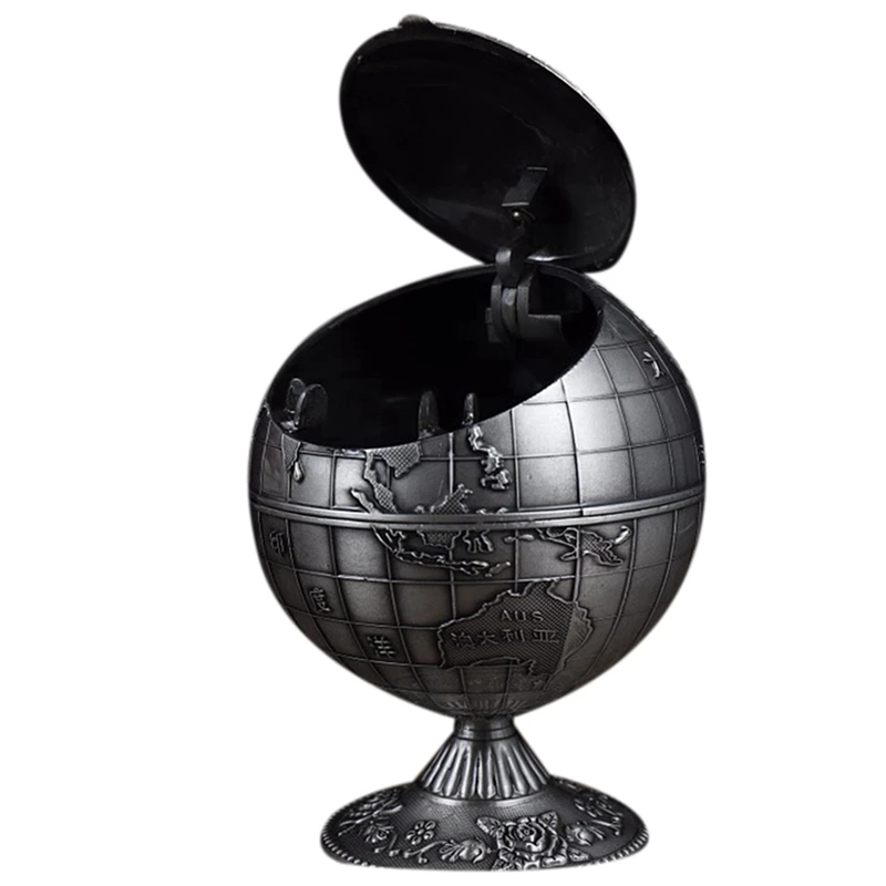 

JFBL Hot 2X Vintage Metal With Lid Globe Ashtray European Retro Home Office Hotel Ashtray Decor Smoking Accessories, Ancient Tin