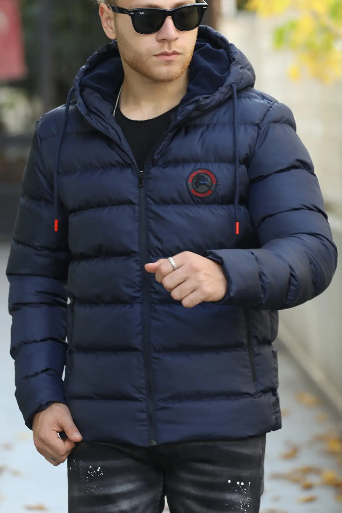 Men's Navy Blue Fleece Waterproof And Windproof Inflatable Winter Coat