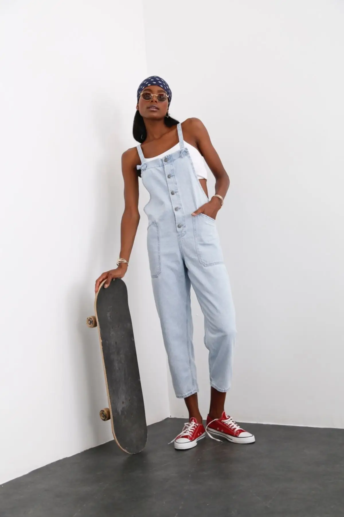 

Women's Overalls Ice Blue Pocket Jeans Loose Hot Style Quality Fabric Sleeveless Baggy Trousers Casual Jumpsuit
