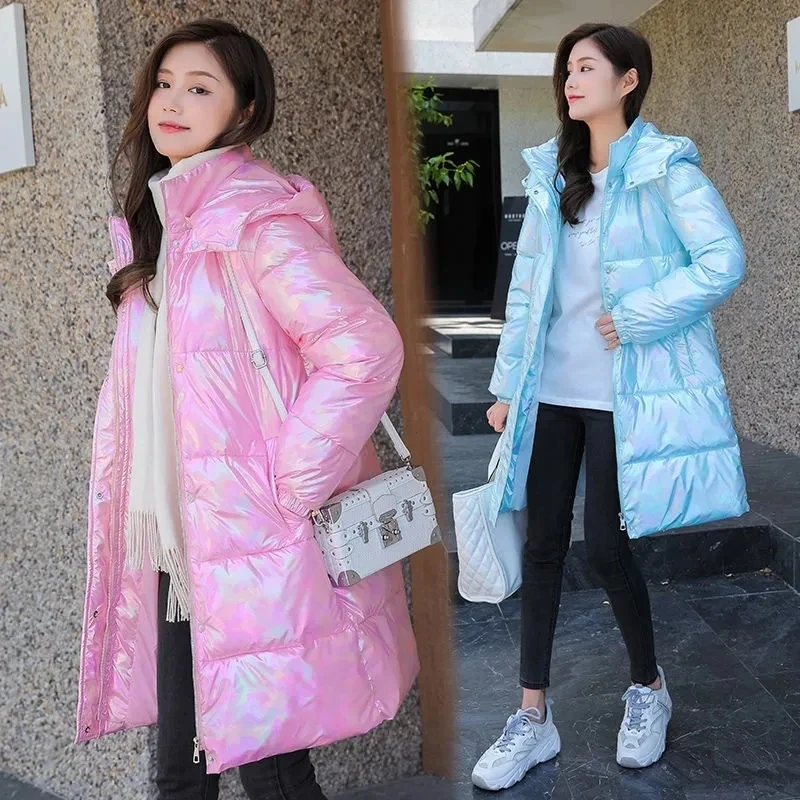 

2023 New Winter Jacket Women's Puffer Coat Glossy Warm Hooded Long Cotton Padded Jacket Female Winter Down Cotton Parkas Outwear