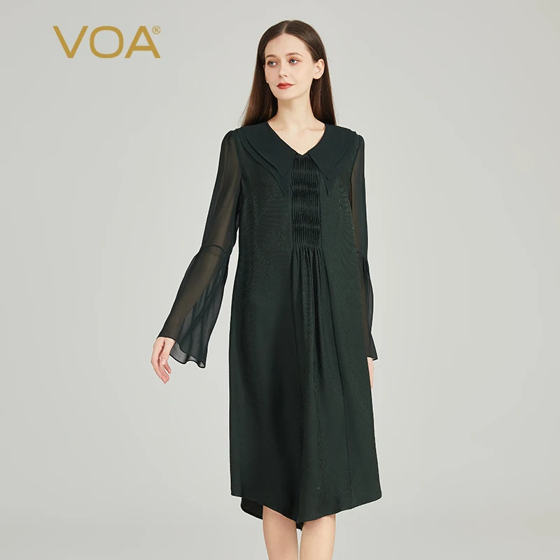 

VOA жаккардовое шелковое темно-зеленое платье с v-образным вырезом и длинными рукавами в елочку, плиссированное свободное контрастное шелковое платье из жоржета AE1987