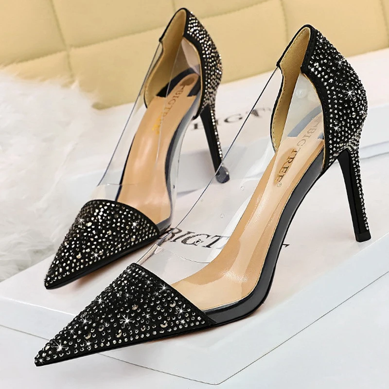 

New Shoes Fashion New Women Pumps Transparent Kitten Heels Women Rhinestone High Heels Sexy Party Shoes Women Heels Female