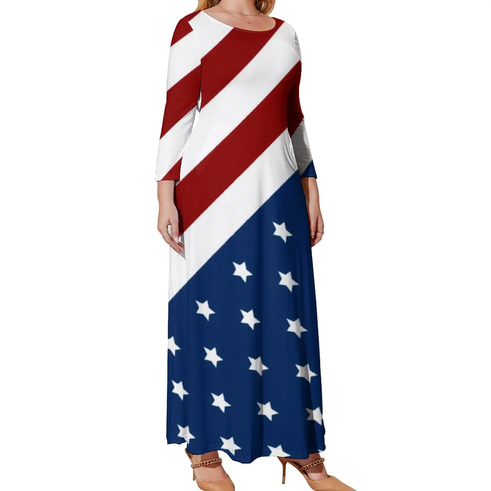 

American Flag Dress Long Sleeve Patriotic Flag Star Design Cute Maxi Dress Spring Aesthetic Printed Beach Long Dresses Big Size
