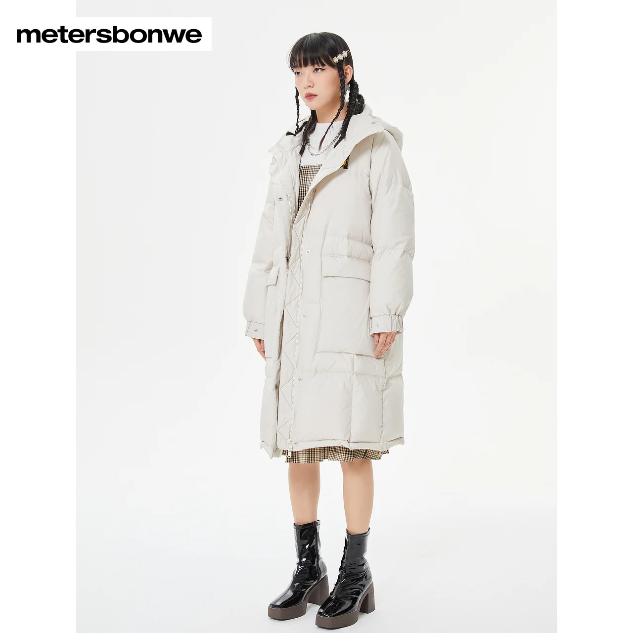 Metersbonwe Solid Color Keep Warm Long Down Wear For Women Loose 80% Gray Duck Down Wear Hooded High Quality Winter Down Jackets