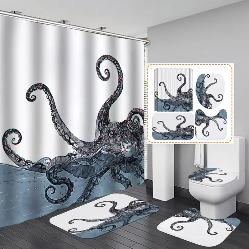 

Белая занавеска для душа из полиэстера с художественным принтом в виде осьминога, нескользящий коврик для ванной, крышка для унитаза, коври...