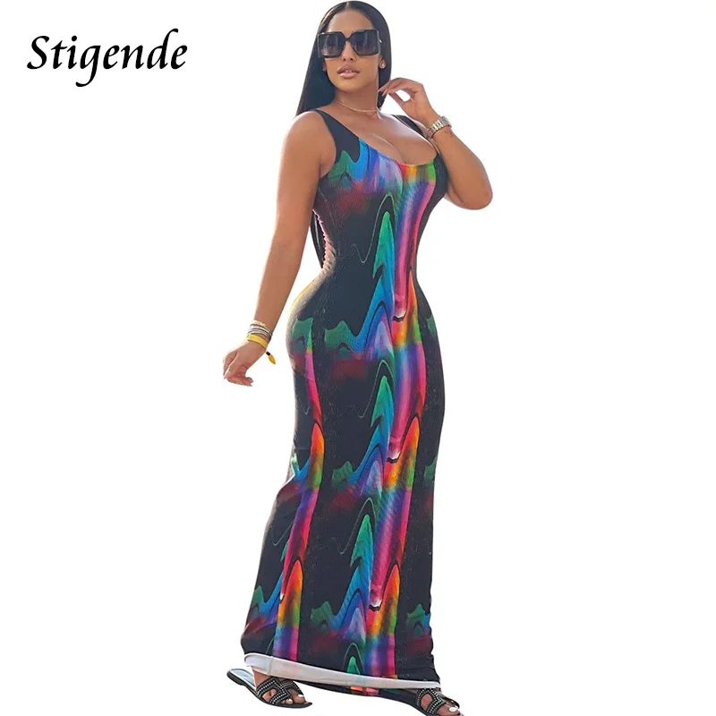 

Stigende Tie Dye Summer Long Maxi Dress Women Fashion Print Sleeveless Bodycon Dress Casual Slim Beach Sundress