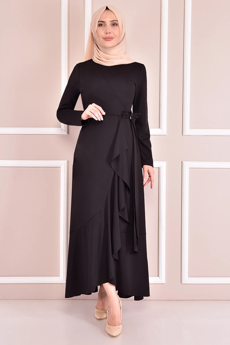 

Модное платье с поясом, черные платья для женщин, турбаны для женщин, хлопчатобумажное женское платье, мусульманское женское платье KBR70302