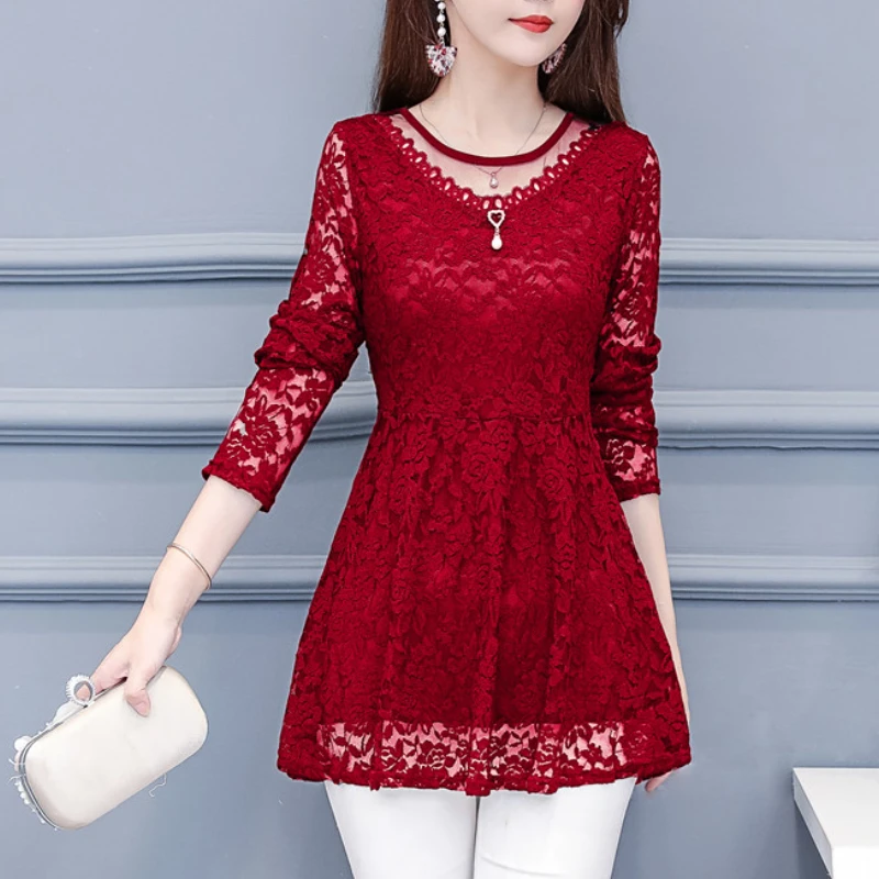 

Women Blouse New Blusas Mujer De Moda Mesh Tops M-4XL Lace Round neck Long-Sleeved Lace Blouses shirts Womens clothing 804E