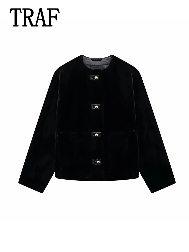 TRAF женские пушистые пальто осень-зима куртки с длинными рукавами новая верхняя