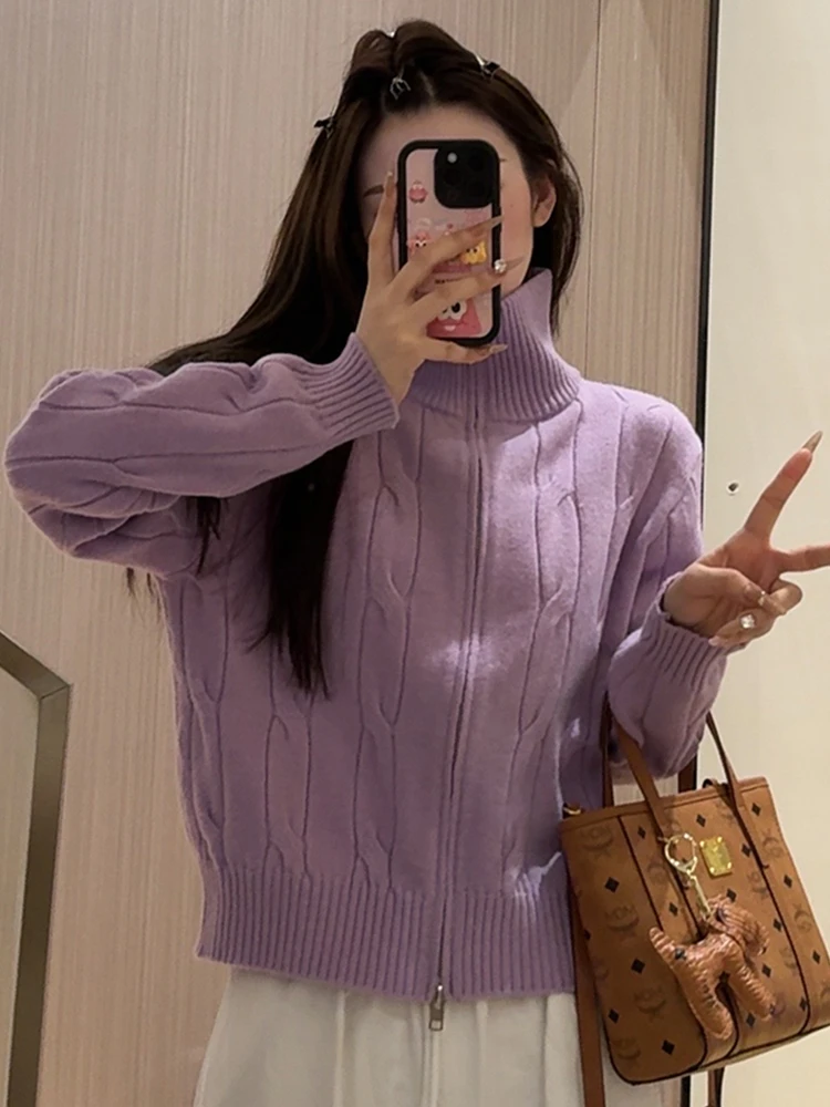 Purple Turtleneck sweater Outerwear Women 2024 Autumn and Winter New High-Grade Short Zip-up Knit cardigan Top Thickened