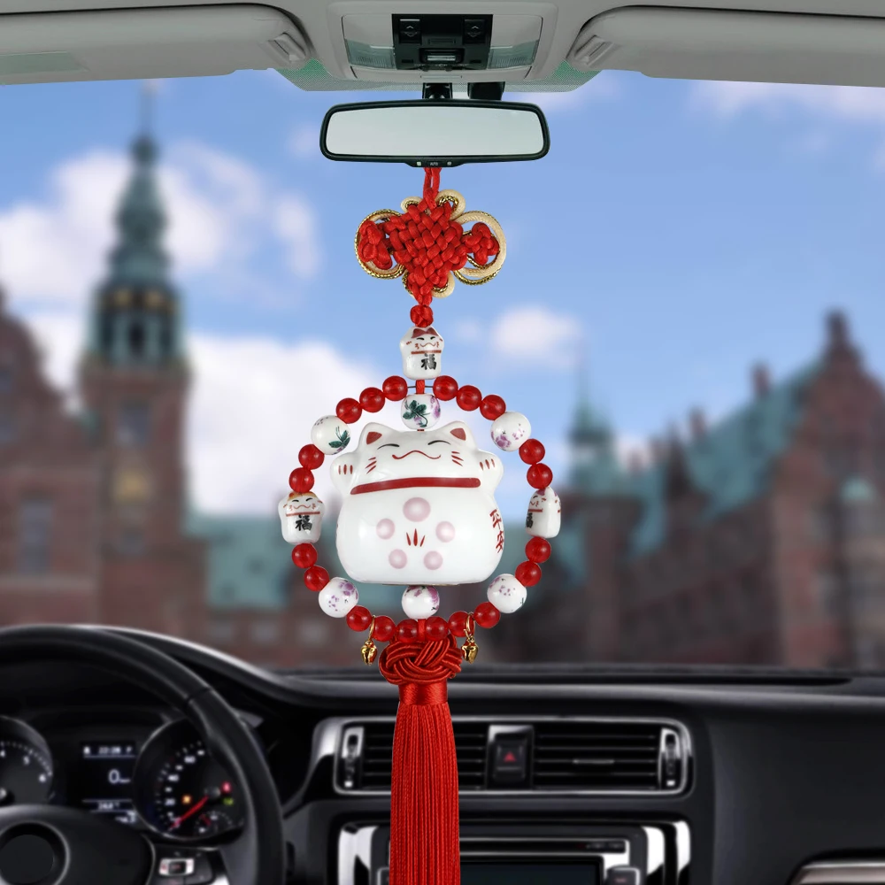 

Car Pendant Smiling Lucky Cat Rearview Mirror Decoration Cartoon Tassels Ornament Auto Interior Accessories Dangle Trim Gift