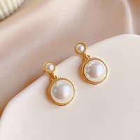 round connect highlight pearl dangle earrings retro hanging light luxury stud earrings female sterling silver drop party jewelry
