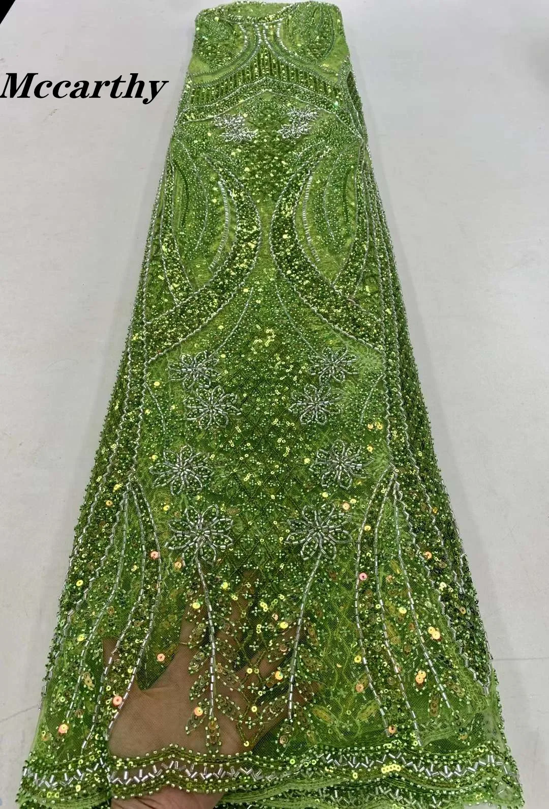 

Mccarthy New Green Luxury African Sequin Lace Fabric 2023 French Net Sequence 3D Embroidery Nigerian Party Gold Line Material