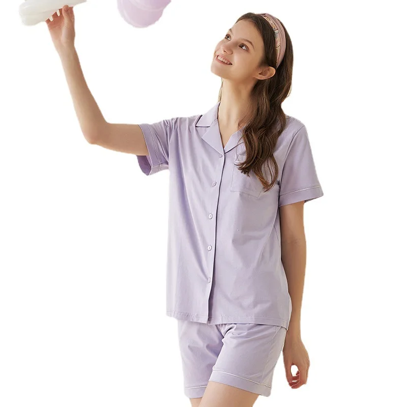 Pajamas for Women's Summer Pure Cotton Short-sleeved Shorts Solid Color Simple Summer Home Service Suit Breathable Loungewear
