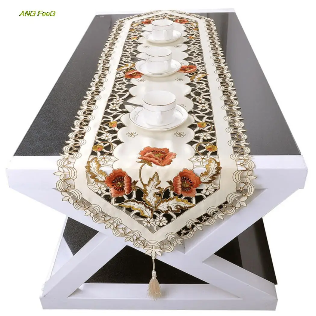 

Lace Table Runner Embroidered Tablecloth Wedding Valentine Day Home Decoration Satin Fabric Anti-stain Kitchen Tools Accessories