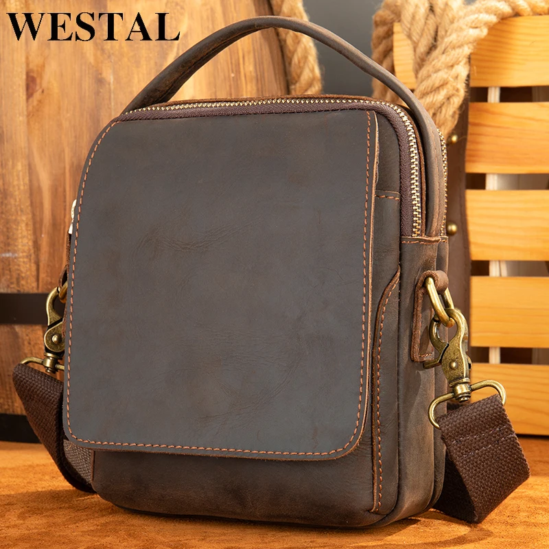 WESTAL Men's Shoulder Bag Crazy Horse Leather Men's Bag Crossbody Bags for Men Genuine Leather Messenger Bag Male Handbag