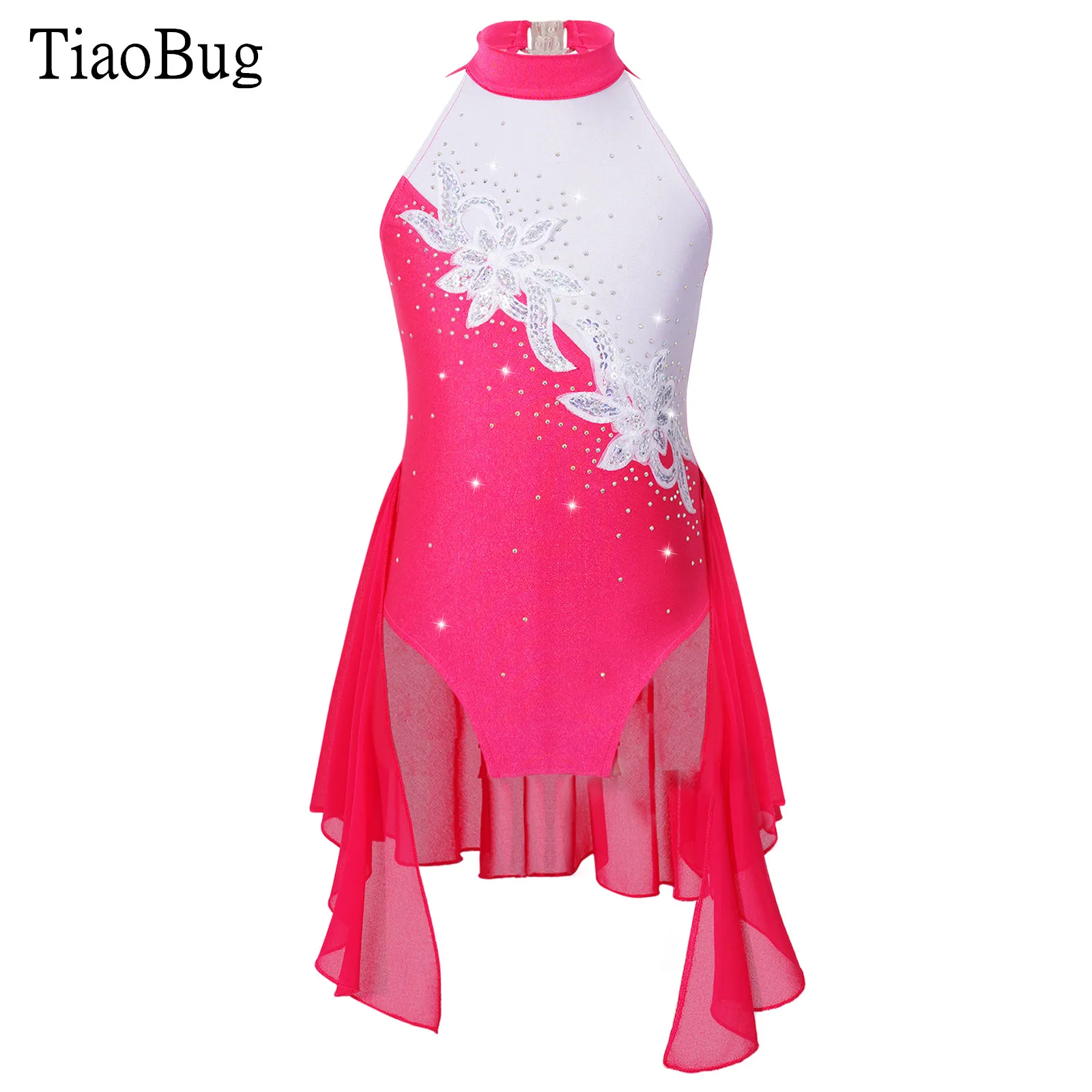 

Kids Girls Sequins Floral Decorated Chiffon Dance Dress Shiny Rhinestone Sleeveless Stand Collar Backless Stylish Slothing