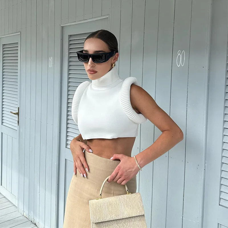 

Feather Spliced Women Crop Tops Sleeveless Turtleneck Sexy Basic Vest Summer Hipsters High Street Y2K Rave Partywear