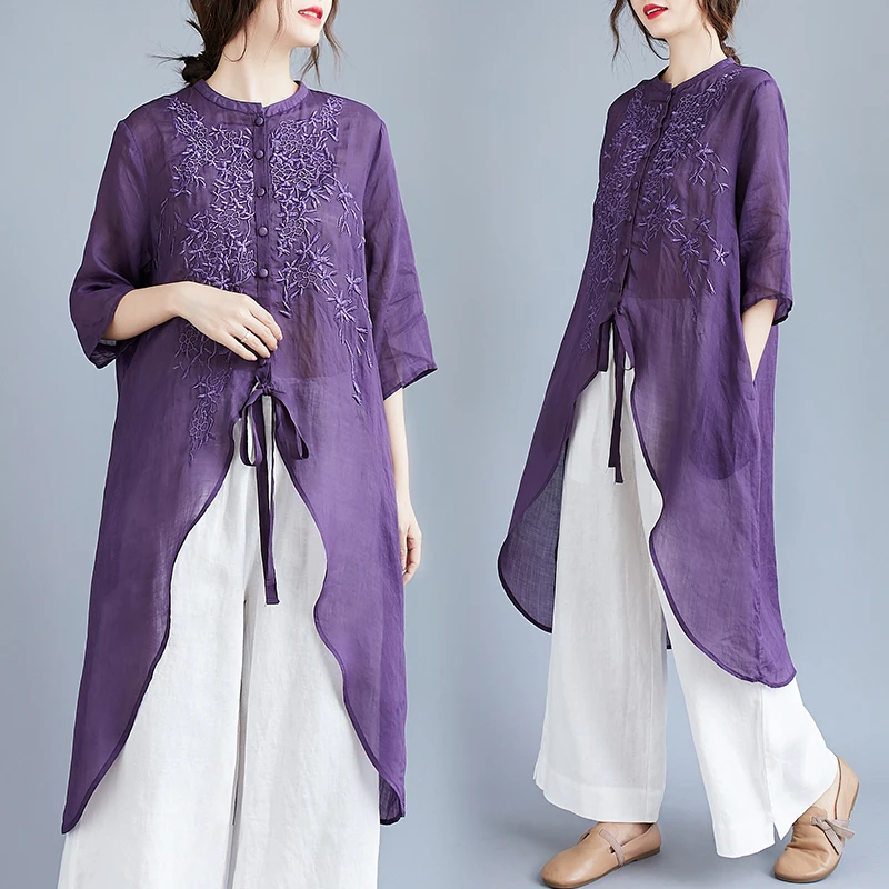 

Purple Top Short In Front And Long In Back Fashion Shirt Women's Middle And Long Style Loose And Versatile 2020 Summer New Style