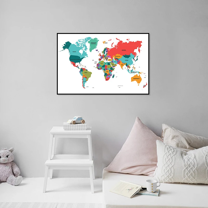 

90*60cm The World Map In English Decorative Canvas Painting Wall Art Poster and Print Home Decoration School Classroom Supplies