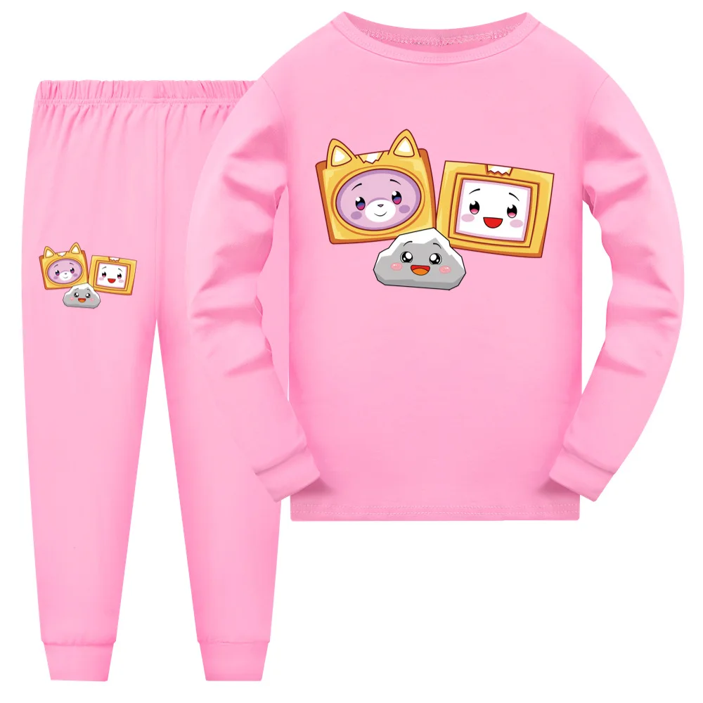 

Модный детский пижамный комплект, топ для маленьких мальчиков и девочек, штаны, детская одежда для сна, мультяшная Пижама Lankybox, пижамы, хлопк...