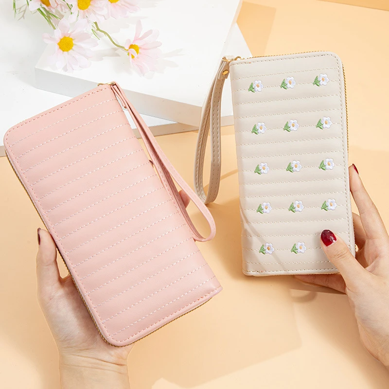

PU Leather Fashion Flower Wallet for Women Long Zipper Card Holder Embroidery Clutch Ladies Coin Purse Simple Money Bag Portable