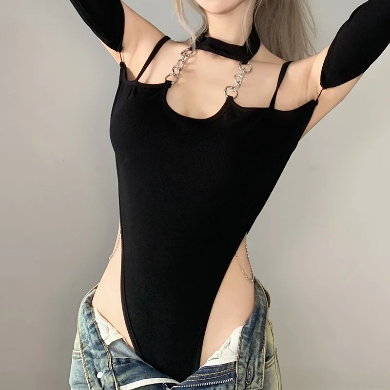 

Sexy Halter Chain Bodysuits Women Detachable Long Sleeve High Split Elastic Slim Black Bodysuit 2022