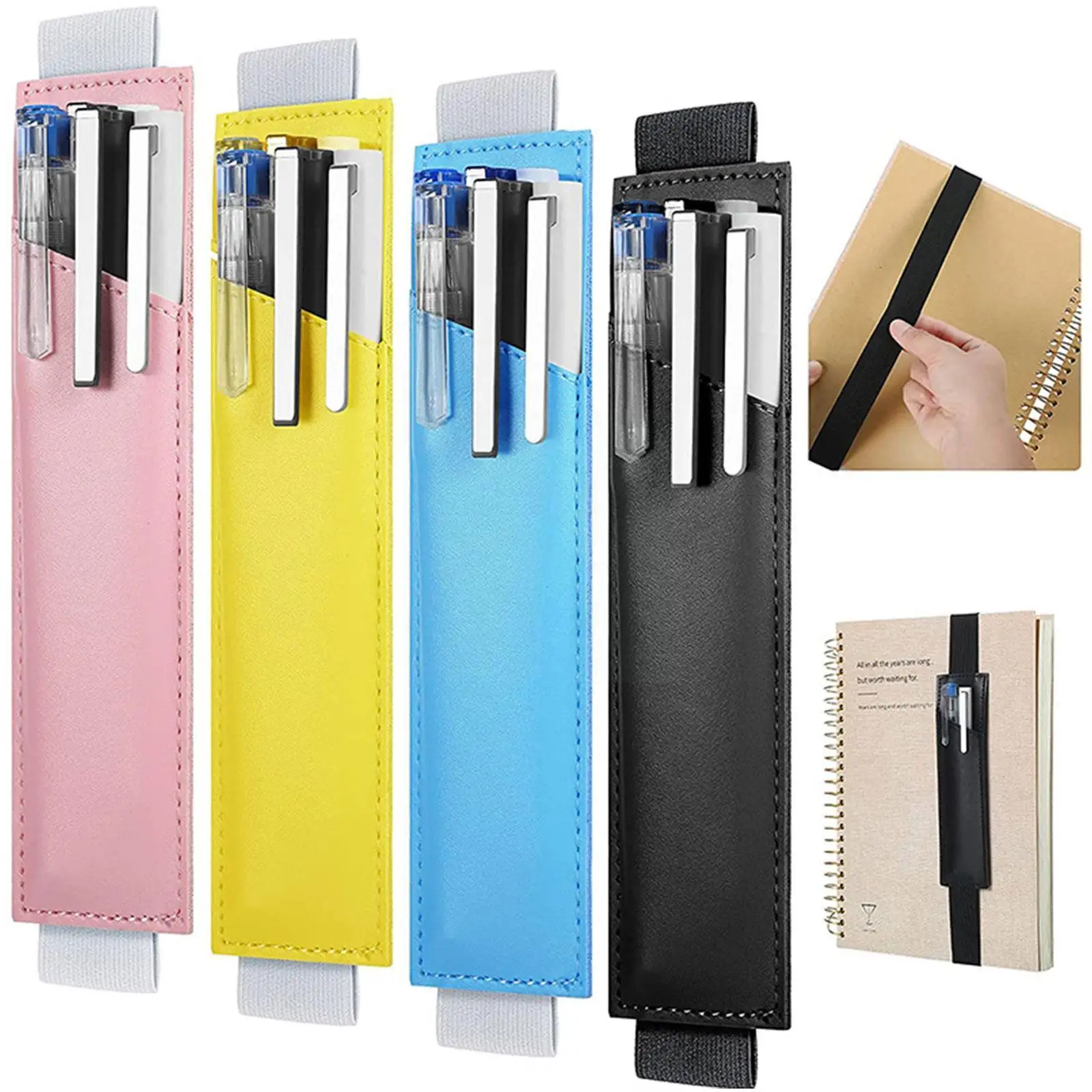 

Adjustable Elastic Band Pen Holder Simple Color Pu Large Sleeve Pouch Square Pen Pen Students Notebook Capacity Holder K6q7