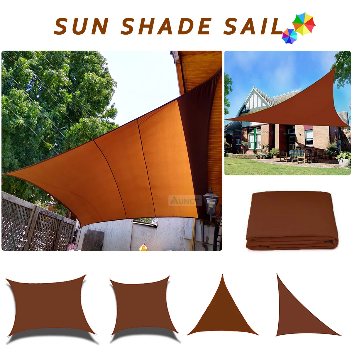 Brown Waterproof Sun Shade Sail All size Square Rectangle Triangle Garden Terrace Canopy UV-Block Shade Camp Hiking Yard Awnings