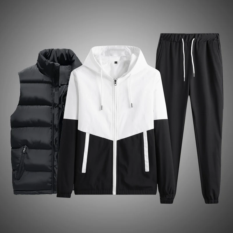 Men's 3 Piece Sets Patchwork Zippered Cardigan Pants and Jacket Hip Hop Casual Fitness Streetwear Male Tracksuit Dropshipping