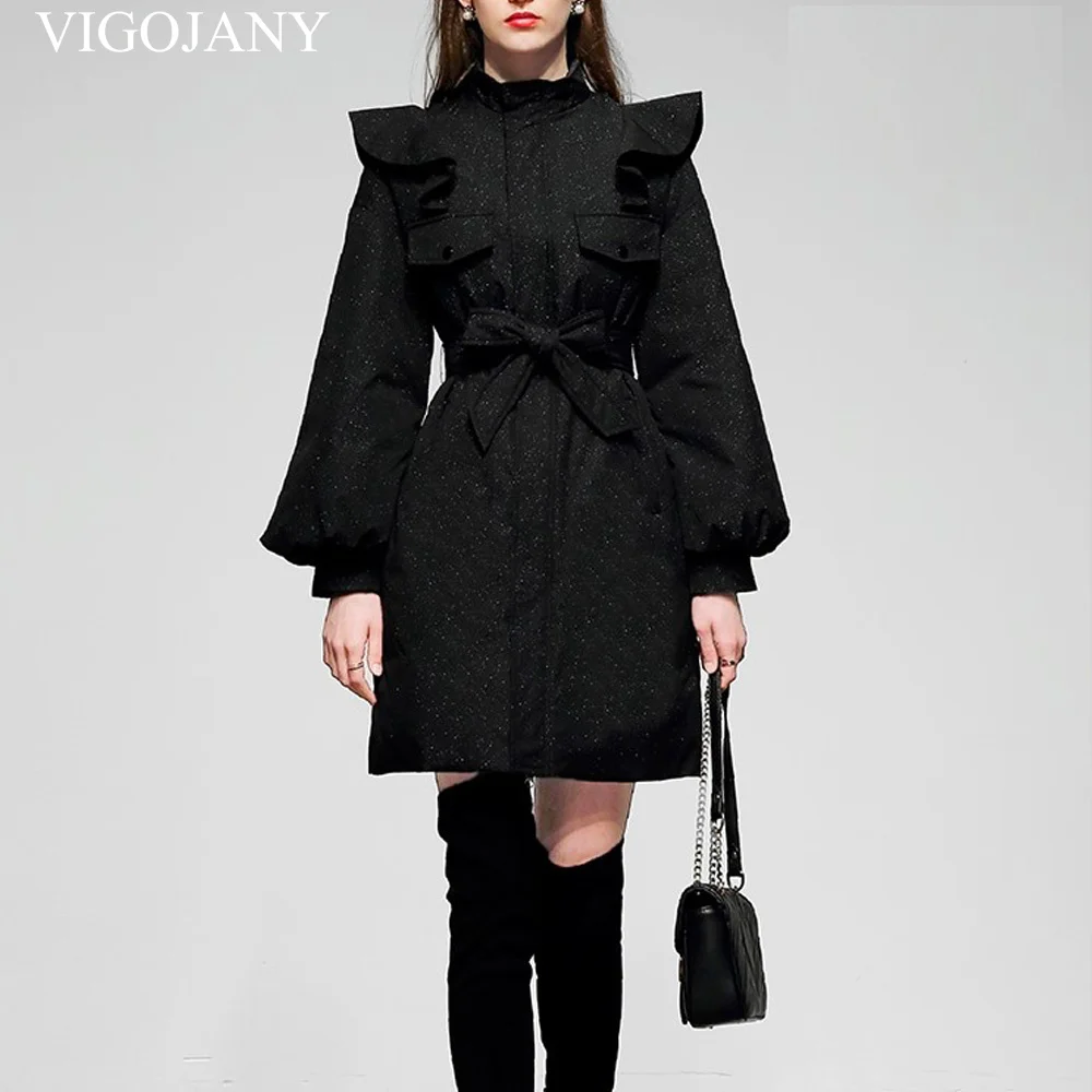 

Vigojany 2022 Women Winter Casual Black Long Sleeve Parka Stand Collar Coat Female Korean Thick Warm Solid Belt Puffer Outwear