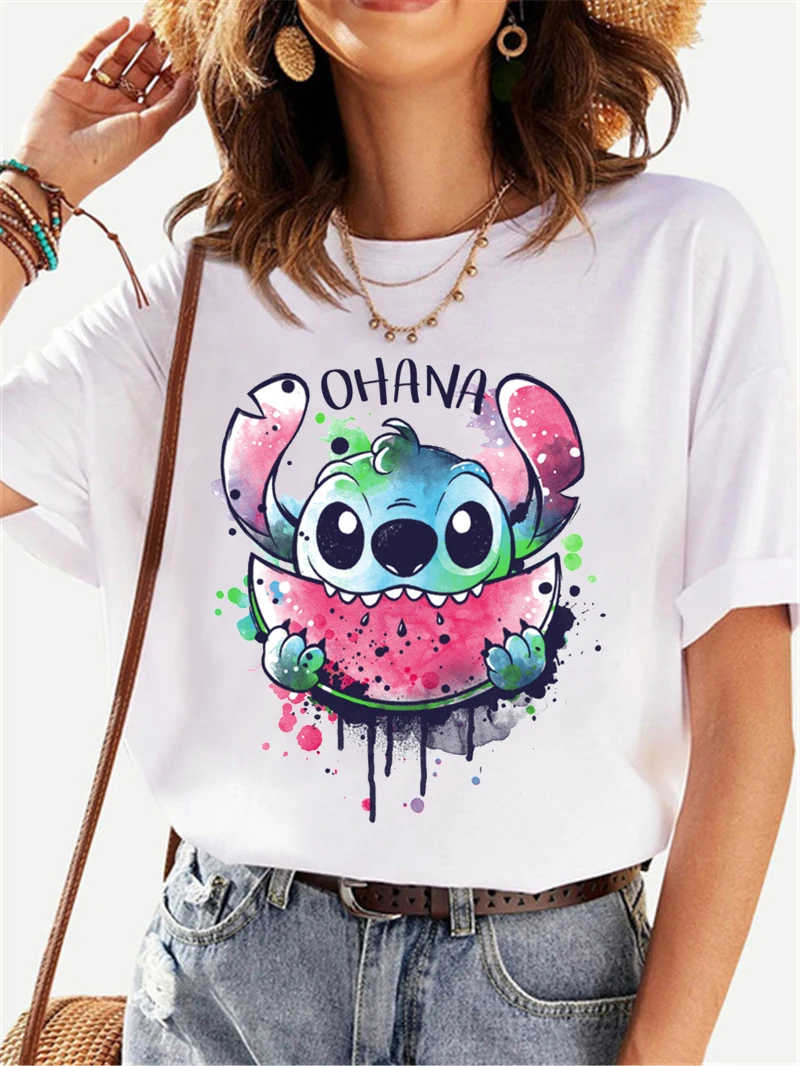 

Kawaii Мультфильм Стич футболка мультфильм для женщин Охана Лило Стич графика футболки унисекс милые аниме Топы Harajuku футболка для женщин
