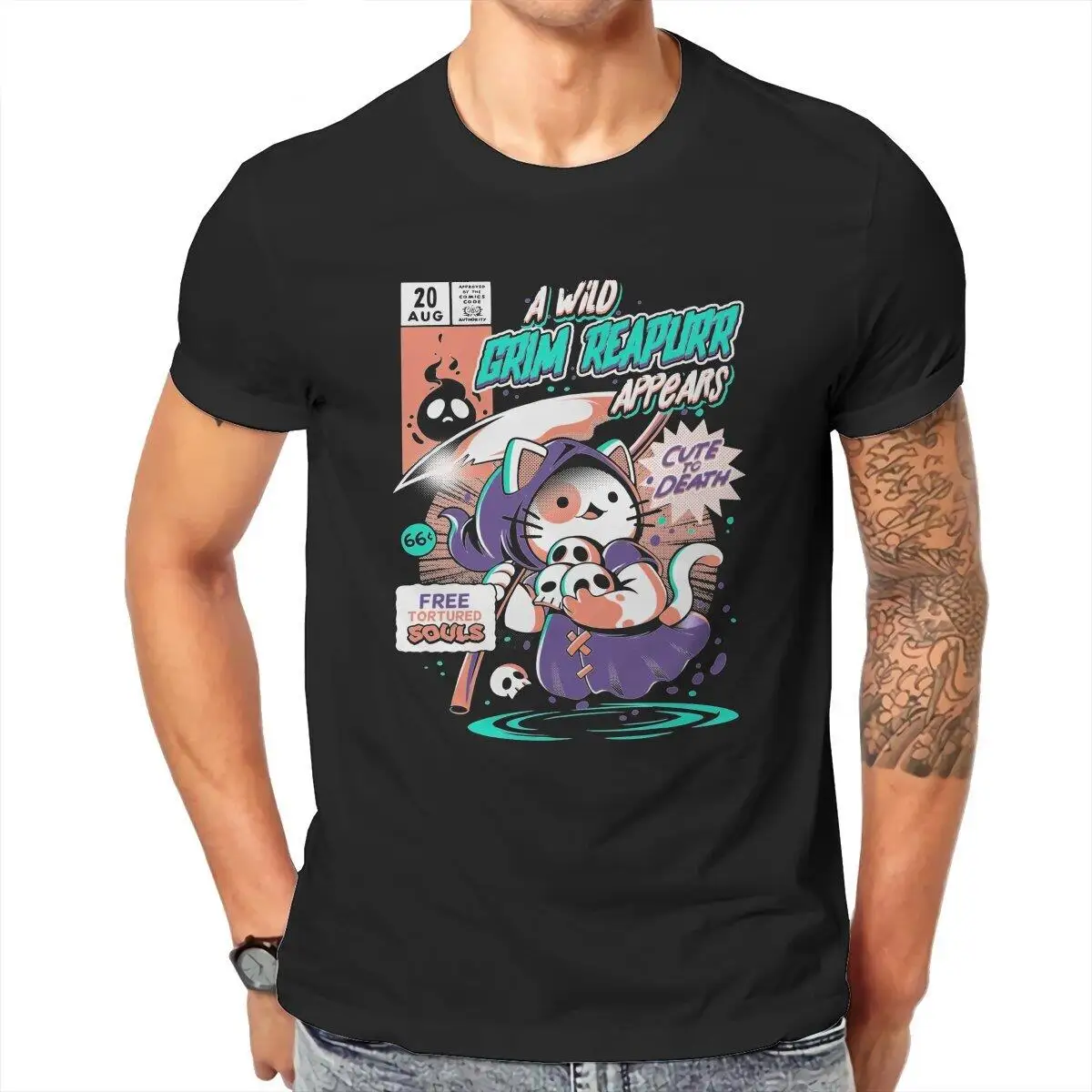 Grim Reapurr  Men's T Shirts Halloween Cat Vintage Tee Shirt Short Sleeve Crewneck T-Shirts 100% Cotton Plus Size Clothes