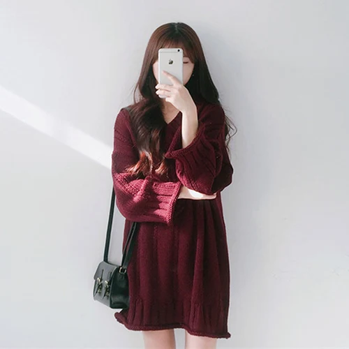 C&M Women Clothes 2020 Korean Style V-Neck Loose Solid Color Long Sleeve Mini Knitted Dress