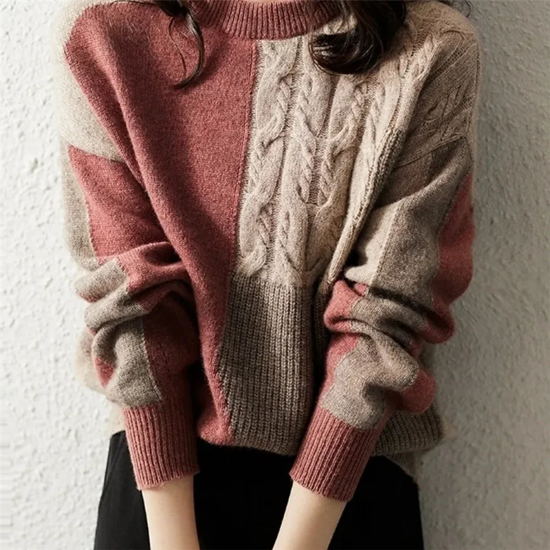 

Women's Sweater Autumn Winter Stitching Contrast Color Thickened Round Neck Pullover Knitted Top Korean Fashion Female Clothing