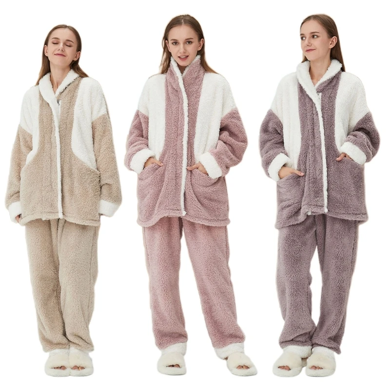 

Flannel Women Pajamas Set Winter Warm Colorblock Thick Velvet Long Sleeve Lapel Zipper Top and Pants Fleece Sleepwear