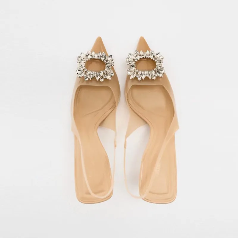 TRAF Women Rhinestone Heeled Heels 2022 Summer Beige Purple Pointed Toe Shoes Wedding Bride Glitter Stiletto High Heels Female
