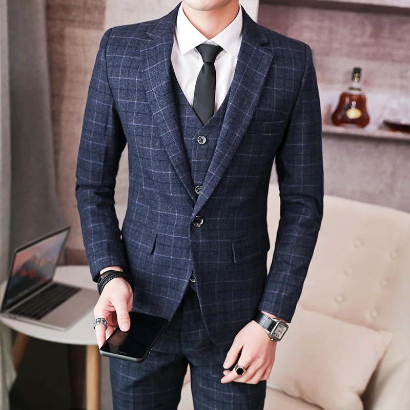 

Boutique (suit + vest + trousers) fashion business interview party wedding dress slim men's three-piece suit